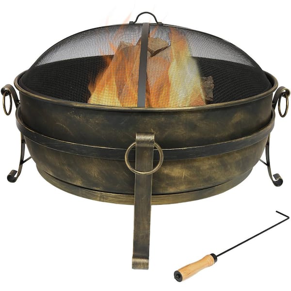 Sunnydaze Decor 34 in. x 23 in. Round Large Steel Cauldron Wood Fire Pit in Black with Spark Screen