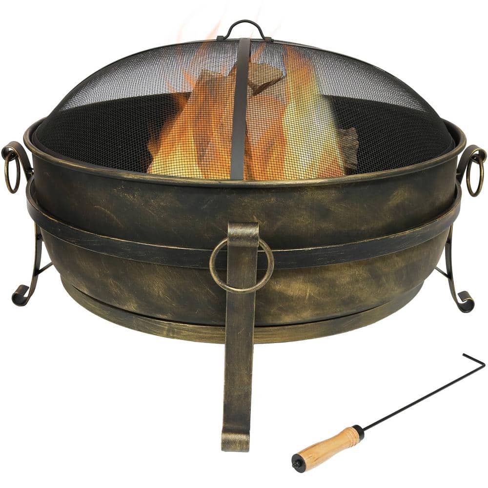 34-Inch Dark Bronze Steel Cauldron Style Fire Pit with Spark Screen