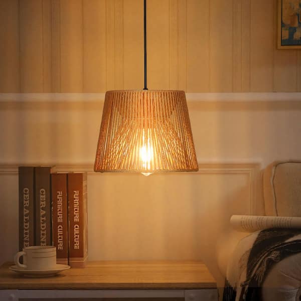 8 in. Modern Black Gold 1-Light  Industrial Hanging Pendant Light with Rattan Shaded for Kitchen Island without Bulbs