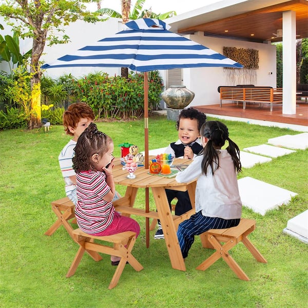 6-Piece Wood Top Kids Natural Picnic Table Set with Octagon Table 4 Stools and Removable Adjustable Umbrella