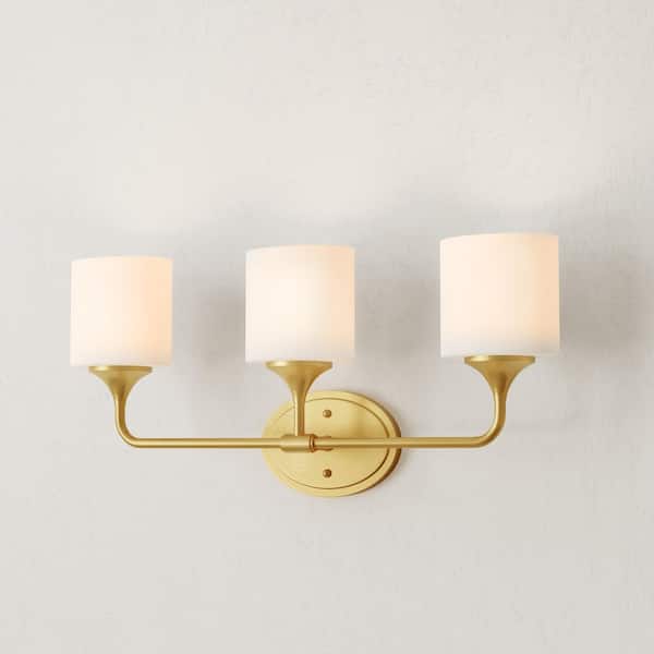 Progress Lighting Lynzie Collection 23.875 in. 3-Light Brushed Gold Etched Opal Glass Modern Bath Vanity Light