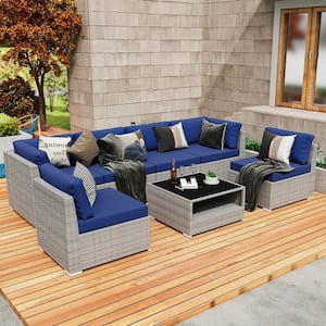 7-Piece Wicker Outdoor Patio Conversation Seating Sofa Set with Coffee Table, Dark Blue Cushions