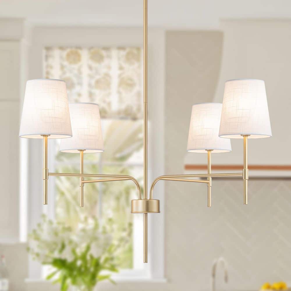 ハン14k（mix） TinHon Modern 4-Light Gold Chandelier with White Linen Shades