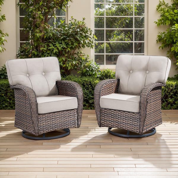 TWrap Brown Wicker Outdoor Rocking Chair Patio Swivel Glider with 5 in. Thick Beige Box-Edge Cushions (2-Pack)