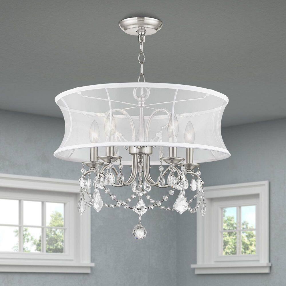 Newcastle Brushed Nickel 5-Light Chandelier with Crystal Drops and Silk Shade