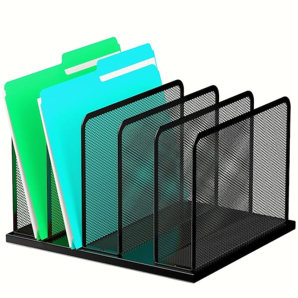 Black 12.75 in. x 11.22 in. Steel Mesh Desk File Organizer with 5 Sections for Office, Home and Classroom