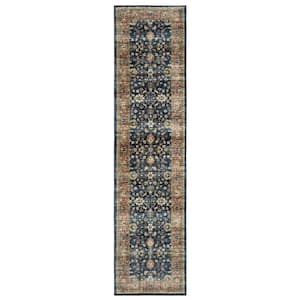 Summit Blue/Rust 2 ft. x 8 ft. Traditional Oriental Border Polyester Machine Washable Indoor Runner Area Rug