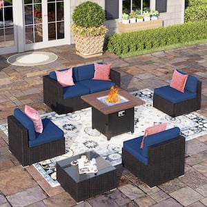 Dark Brown Rattan Wicker 5 Seat 7-Piece Steel Outdoor Sectional Set with Blue Cushions,Square Fire Pit and Coffee Table