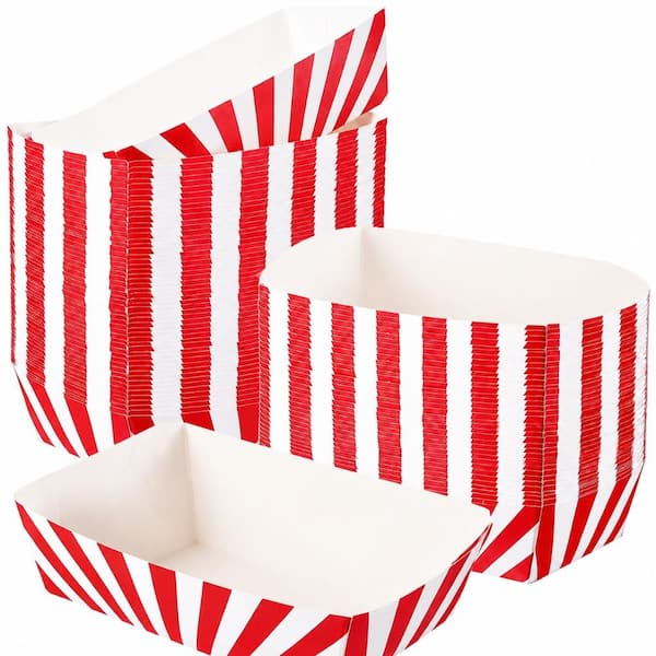 Set of 100 Red and White Striped Carnival Party Disposable Paper Food Trays 5.1 x 3.1 x 1.6 in Snack