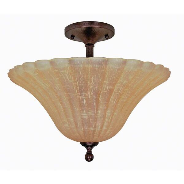 Glomar 3-Light Copper Bronze Semi-Flush Mount Light with Champagne Linen Washed Glass