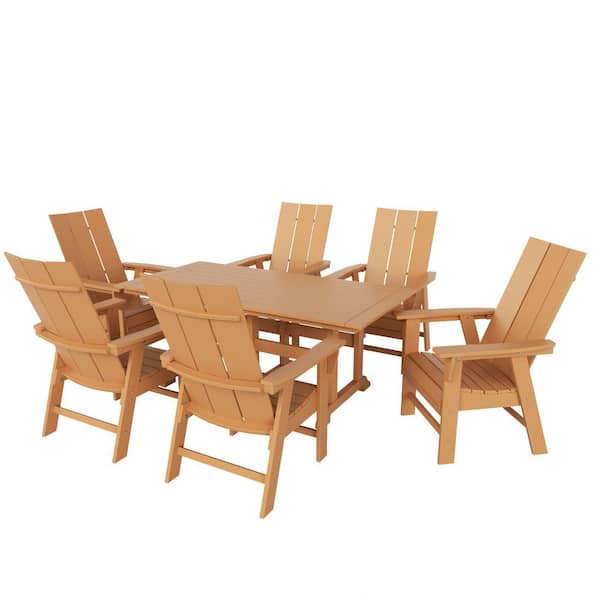 Shoreside Outdoor Patio Weather Resistant Teak 7-Piece HDPE Plastic Adirondack Dining Set