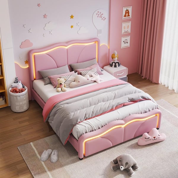 Harper & Bright Designs Pink Wood Frame Full Size PU Upholstered Platform Bed with LED Light Strips and Height-adjustbale Headboard