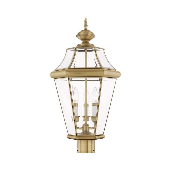 Livex Lighting Georgetown 3 Light Antique Brass Outdoor Post Top Lantern
