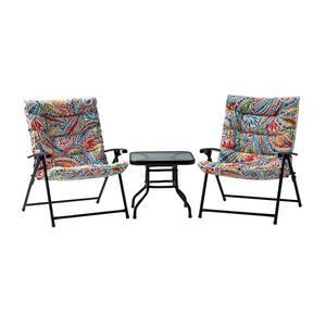 Black 3-Piece Metal 36 in. Outdoor Dining Set with Floral Cushions Nod Taupe Theme Round