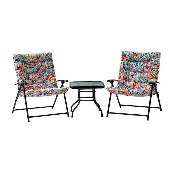 JAYDEN CREATION Black 3-Piece Metal 36 in. Outdoor Dining Set with Floral Cushions Nod Taupe Theme Round