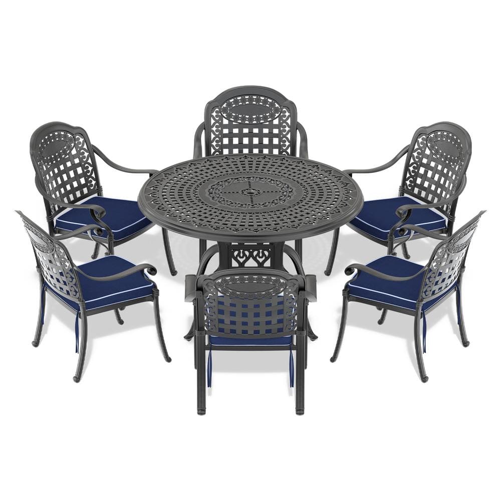 7-Piece Cast Aluminum Patio Dining Set with Random Colors Cushions