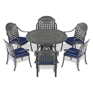 Isabella Black 7-Piece Cast Aluminum Outdoor Dining Set with Round Table and Dining Chairs and Random Color Seat Cushion