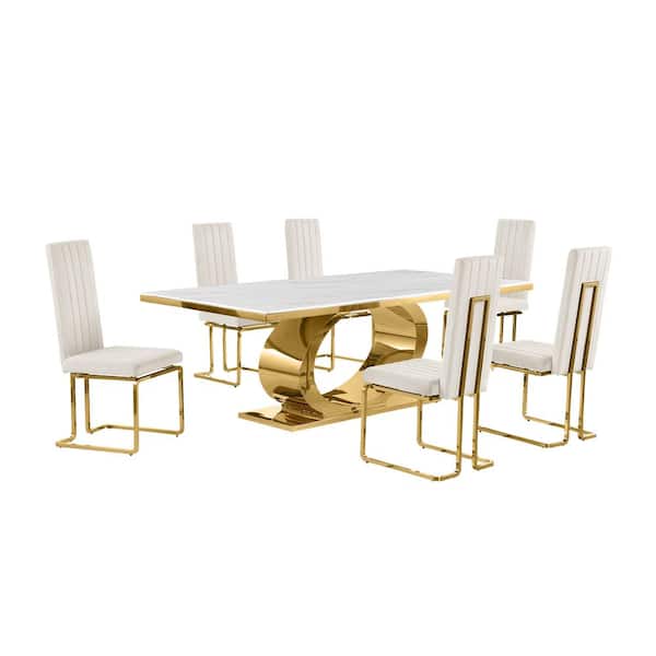 Best Quality Furniture Ibraim 7-Piece Rectangle White Marble Top Gold Stainless Steel Dining Set with 6 Cream Velvet Gold Chrome Iron Chair