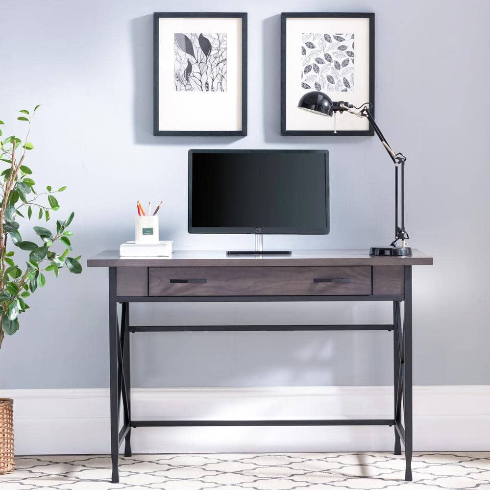 Chisel & Forge Oak Desk with Drawer in Smoke Gray and Matte Black