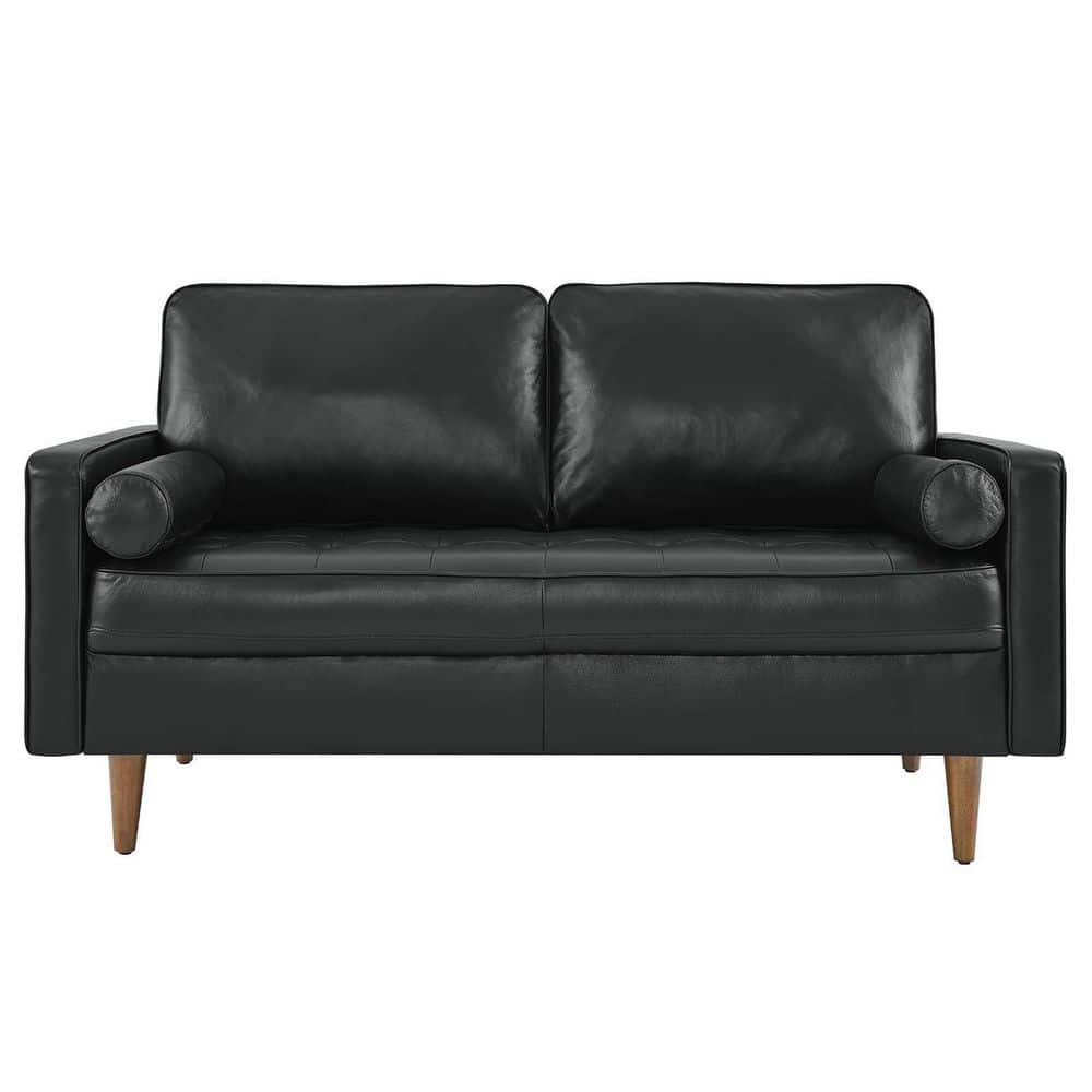 Mid-Century Modern Black Faux Leather Tufted Loveseat with Wood Legs