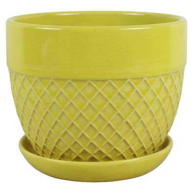 6 in. Dia Yellow Acorn Bell Ceramic Planter
