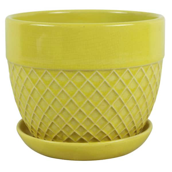 Trendspot 6 in. Dia Yellow Acorn Bell Ceramic Planter