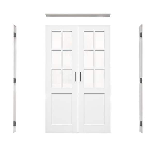 48 in. x 80 in. 6-Lite Clear Glass Universal White Solid Core Glass Double Prehung French Door+ Quick Jamb&Ball Catch