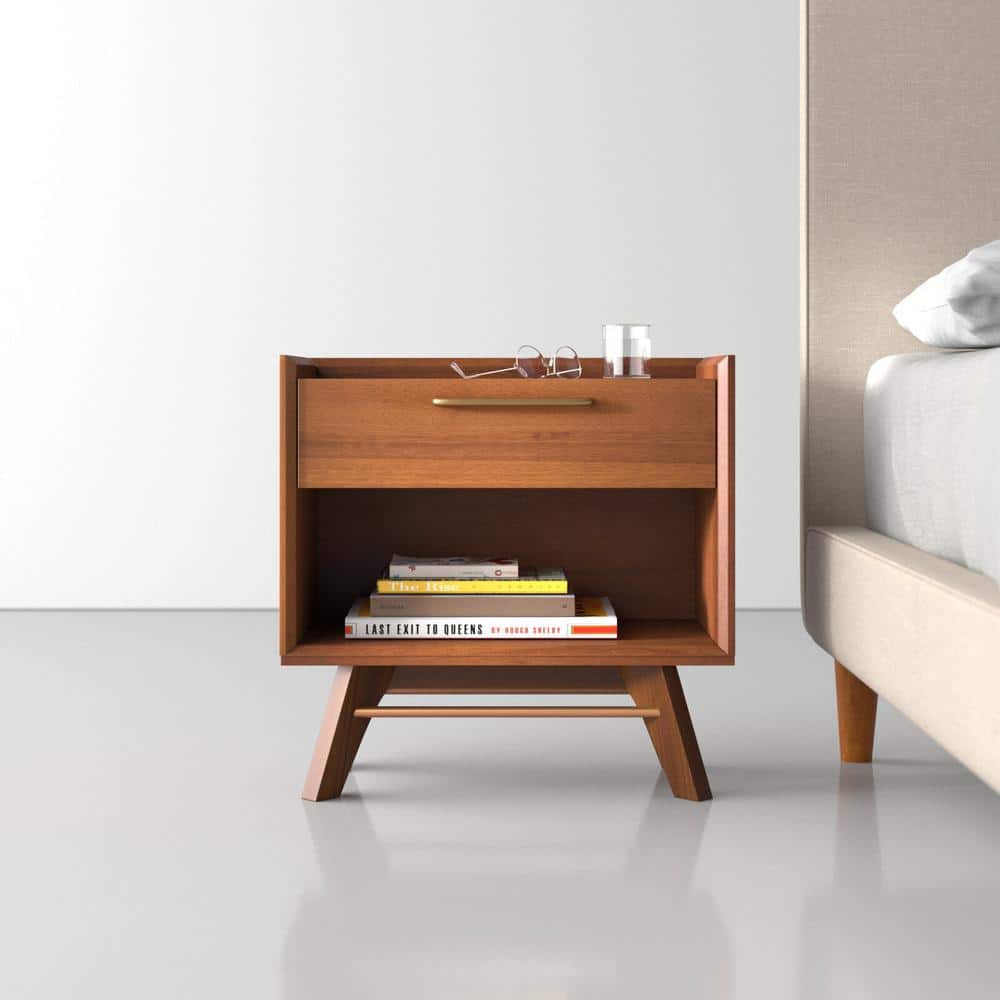 Walnut Acacia Wood Nightstand with Brass Handle and Shelf