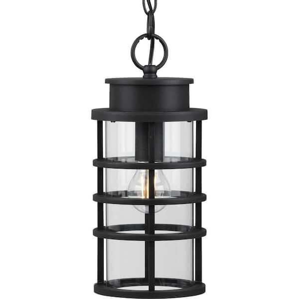 Progress Lighting Port Royal Collection 1-Light Textured Black Clear Glass Farmhouse Outdoor Hanging Lantern Light