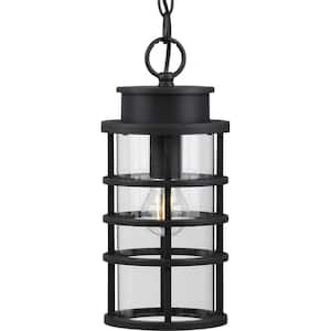 Port Royal Collection 1-Light Textured Black Clear Glass Farmhouse Outdoor Hanging Lantern Light