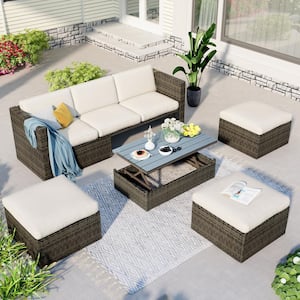 Gray 5-Piece Wicker Patio Conversation Set with Adjustable Backrest, Beige Cushions, Ottomans and Lift Top Coffee Table