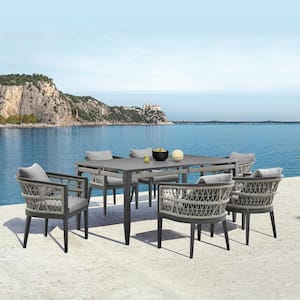 Zella Warm Gray 7-Piece Aluminum Rectangle Outdoor Dining Set with Earl Gray Cushions