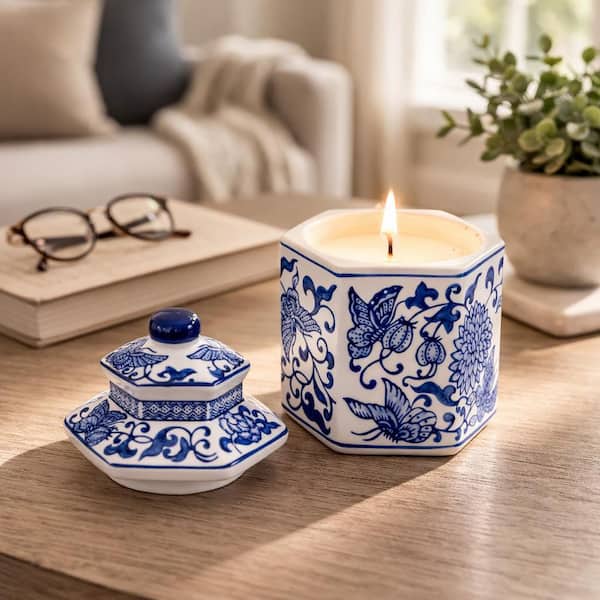9 in. Blue and White Stoneware Sandalwood Scented Candle-6 oz.