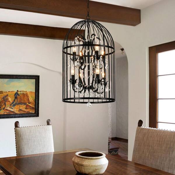 LLHZSY 8-Light Black Vintage Lantern Pendant Tiered Chandelier with Crystal Accents