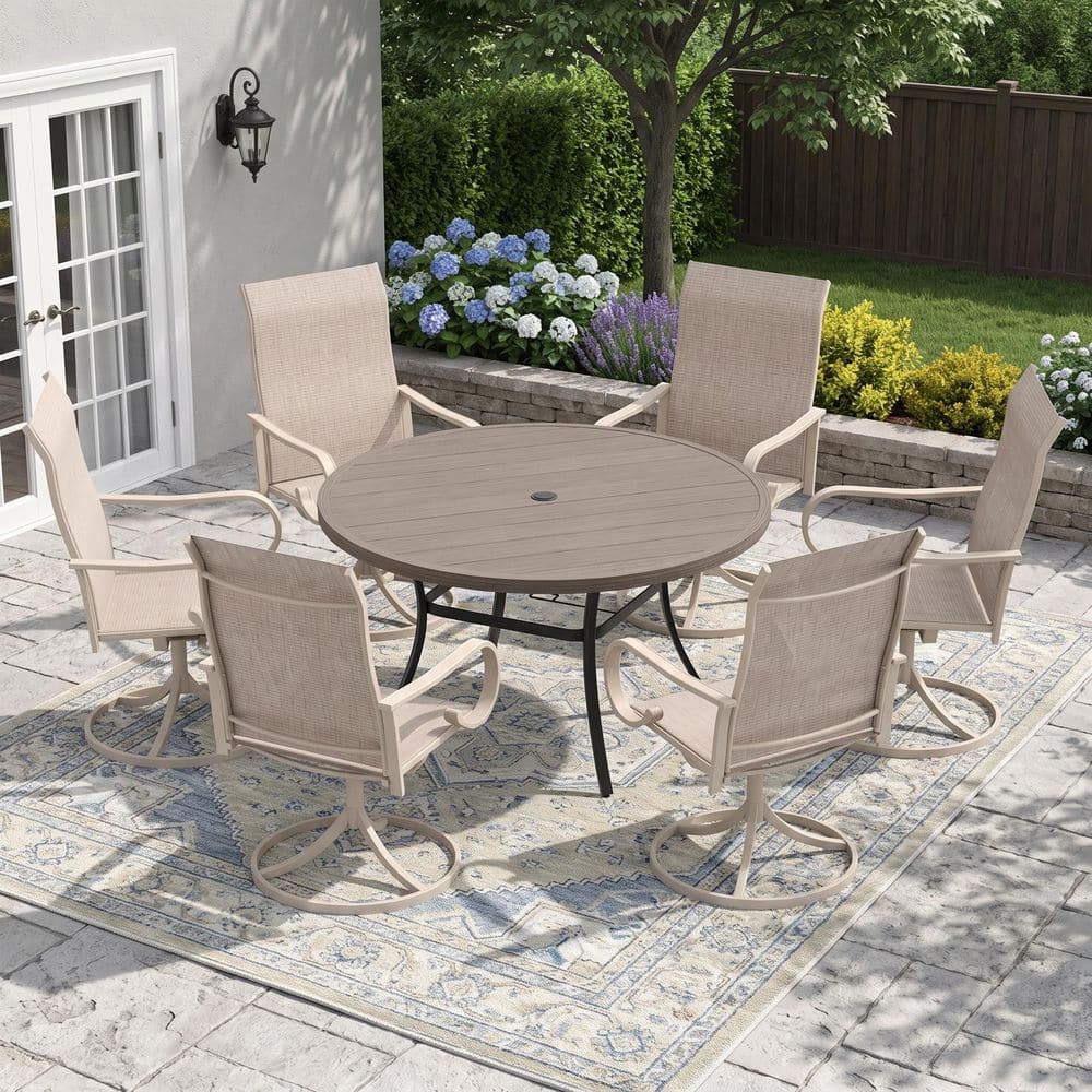 7-Piece Metal Outdoor Dining Set with 50 in. Gray Wood-Like Round Table and 6 Sandshell 360° Swivel Textilene Chairs price history on PriceWatchPro