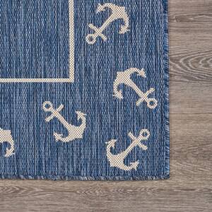 Naira Nautical Navy Blue/White 7 ft. 6 in. x 9 ft. 5 in. Anchor Border Polypropylene Indoor/Outdoor Area Rug
