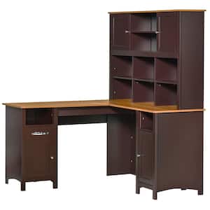 58 in. L-Shaped Coffee MDF 1-Drawer Corner Computer Desk with Hutch with Storage Cabinets, Shelves