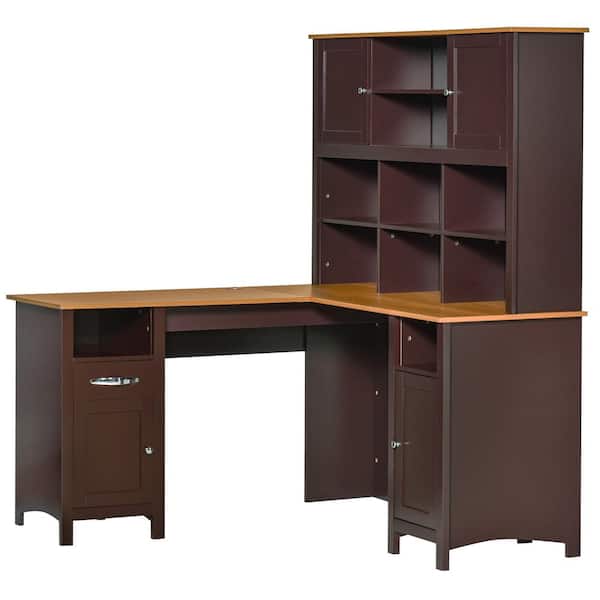HOMCOM 58 in. L-Shaped Coffee MDF 1-Drawer Corner Computer Desk with Hutch with Storage Cabinets, Shelves