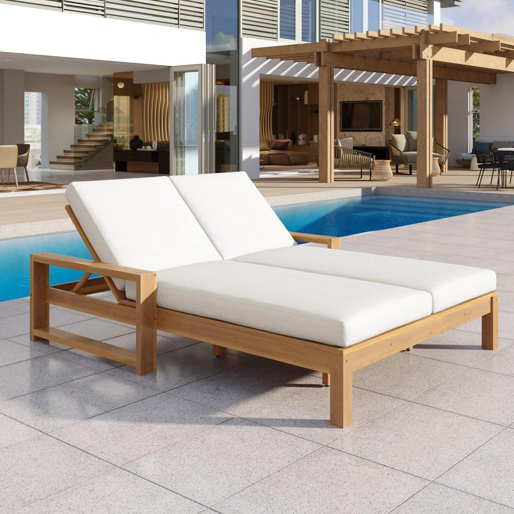 RKZHOPT Light Teak Wood Outdoor Double Chaise Lounge with 5-Position ...