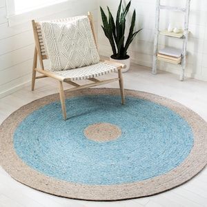 Braided Blue Beige 3 ft. x 3 ft. Abstract Striped Round Area Rug