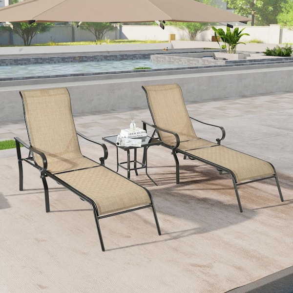 Angel Sar Black 3-Piece Metal Outdoor Chaise Lounge in Brown with 5 Adjustable Backrest for Yard, Balcony and Pool