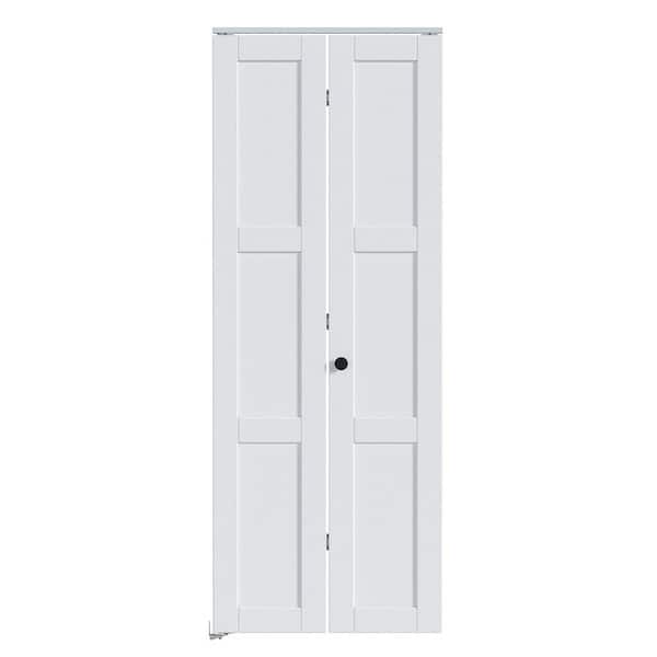 28 in. x 80 in. 3-Lite Panel White Finshed Solid Core Wood Interior Bi-fold Door with Hardware