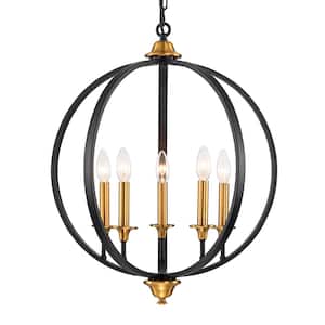 Orbit 5-Light Black Contemporary Globe Candlestick Chandelier with Antique Gold Candle Sleeves