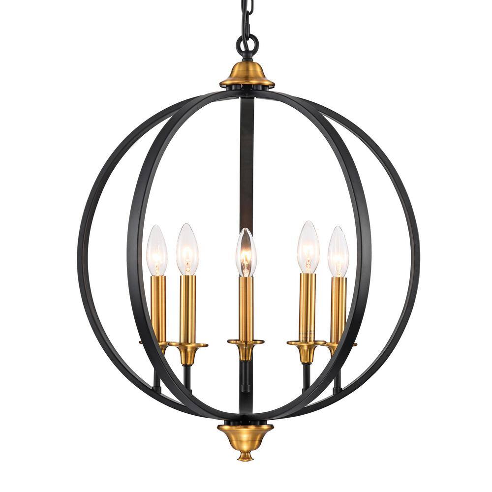 Edvivi Orbit 5Light Black Contemporary Globe Candlestick Chandelier with Antique Gold Candle