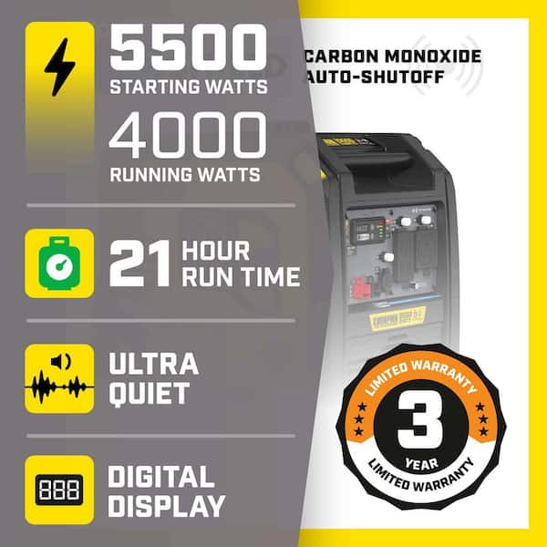 5500/4000-Watt Recoil Start Dual Fuel Gasoline/Propane RV-Ready Portable Inverter Generator with Free 3-Year Warranty