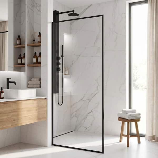 Meridian 34 in. W x 74 in. H Framed Fixed Shower Screen Door in Matte Black with 3/8 in. (10mm) Clear Tempered Glass