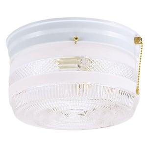 2-Light Ceiling Fixture White Interior Flush-Mount with Pull Chain and White and Clear Glass