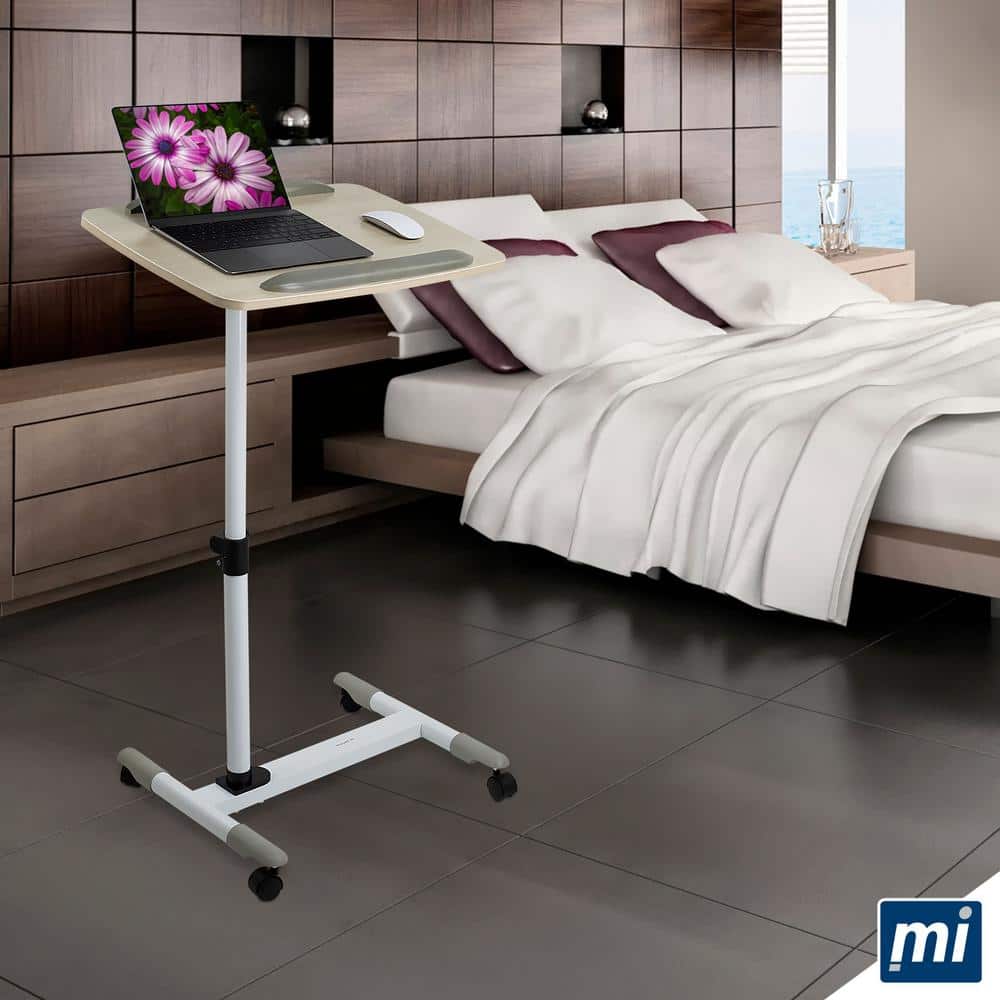 White Adjustable Height Laptop Cart with Drawer and Casters