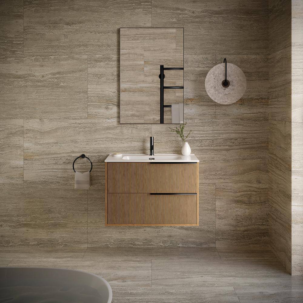 Demeter Medium Brown MDF Wall Mounted Vanity with White Ceramic Sink