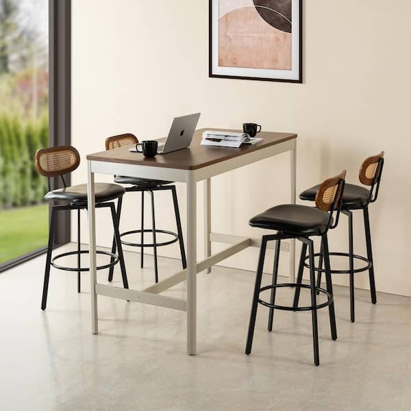Glitzhome 30 in. Seat Height Modern Black Leatherette Swivel Bar Stool with Metal Frame, Walnut Faux Rattan Backrest Set of 4